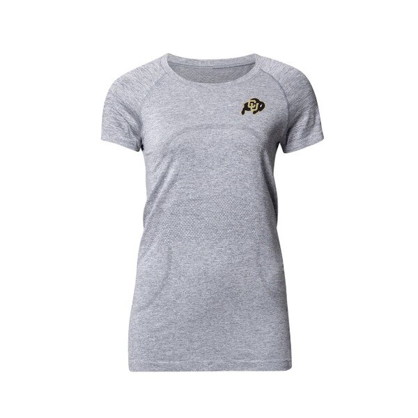 A light grey fitted short sleeve shirt. The left chest features a CU Buffalo Logo.
